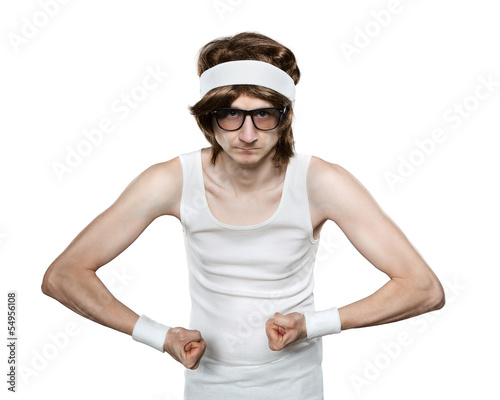 Fotografía Funny retro nerd flexing his muscle isolated on white background