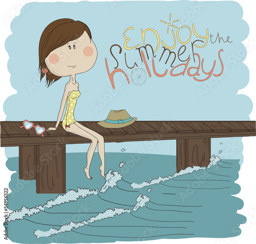 Nowoczesny obraz na płótnie Illustration of a girl sitting on a pier eps 10