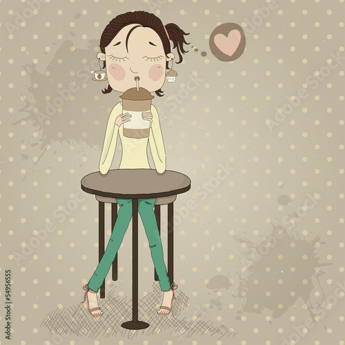 Fototapeta na wymiar Illustration of a cartoon girl with a mug of coffee in her hands