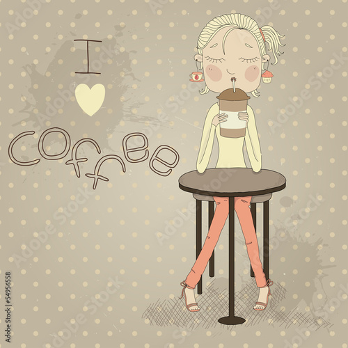 Plakat na zamówienie Cute girl sitting at the table drinking coffee.