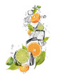 Ice oranges and limes on white background