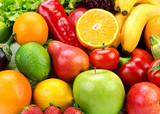 Fototapeta Kuchnia - bright background of ripe fruits  and vegetables