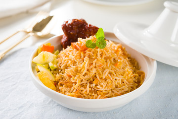 Poster - Biryani rice or briyani rice, curry chicken and salad, tradition