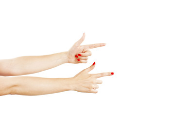 Female hands perfect indicates the direction of