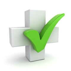 Poster - White plus sign with green check mark concept on white
