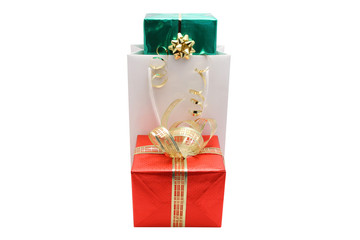 Wrapped gift boxes with gold silver ribbon isolated on white bac