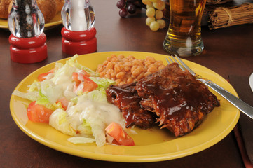 Canvas Print - Barbecued ribs, salad and beer