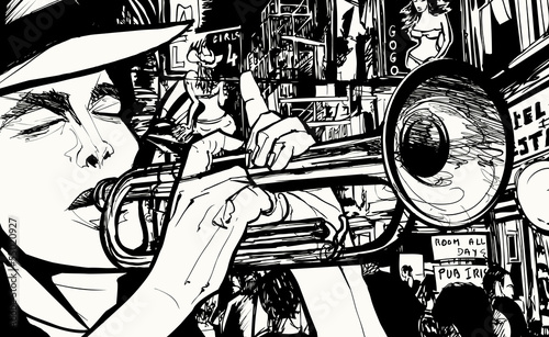 Naklejka na szafę man playing trumpet in a red light district