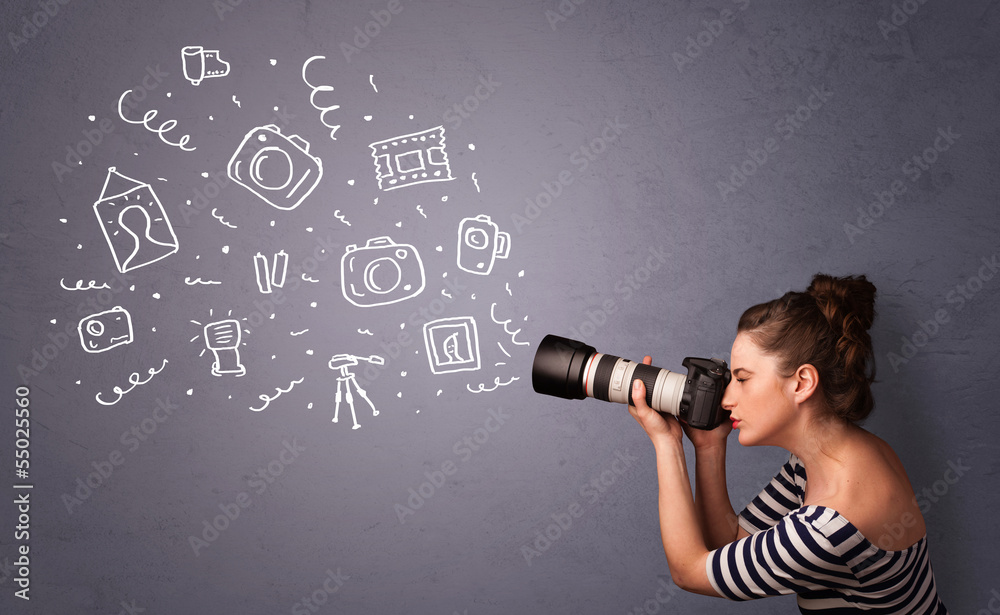 Photographer girl shooting photography icons - obrazy, fototapety, plakaty 