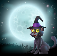 Halloween Full Moon Witch Cat