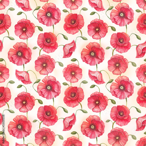 Naklejka dekoracyjna Watercolor poppy flowers, seamless pattern