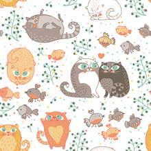 Romantic Seamless Pattern With Cats And Birds In Vector