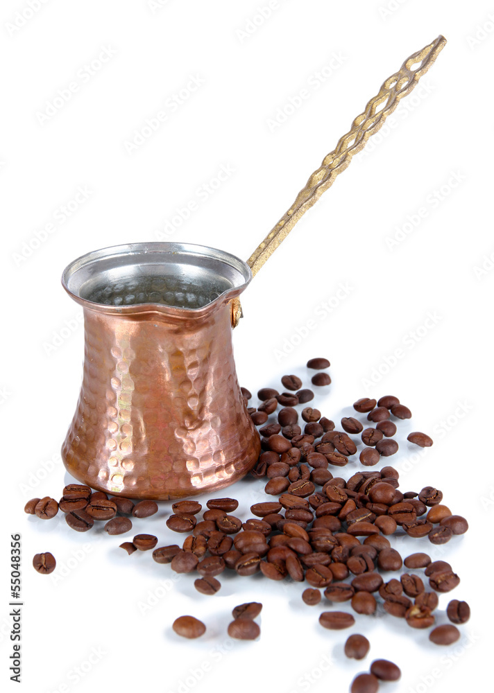 Coffee pot and coffee beans, isolated on white