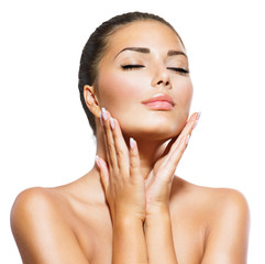 beauty portrait. beautiful spa woman touching her face