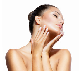 Wall Mural - beauty portrait. beautiful spa woman touching her face