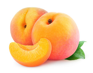 Wall Mural - Isolated peaches. Two fresh peach fruits and a wedge isolated on white background