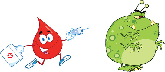 Wall Mural - Red Blood Drop Character Chasing With A Syringe Germ Or Virus