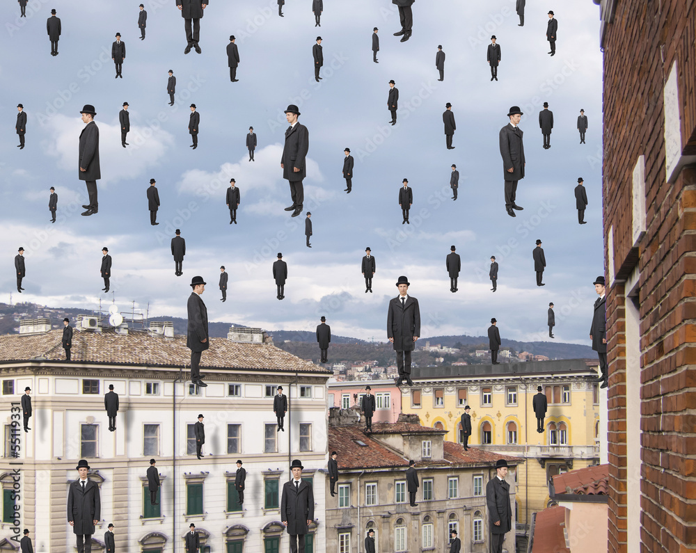 businessmen floating in the sky over european city, magritte sty - obrazy, fototapety, plakaty 