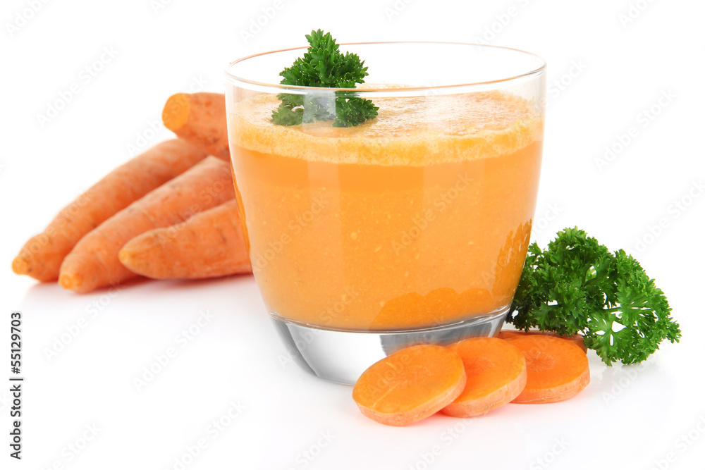 Fresh carrot juice isolated on white