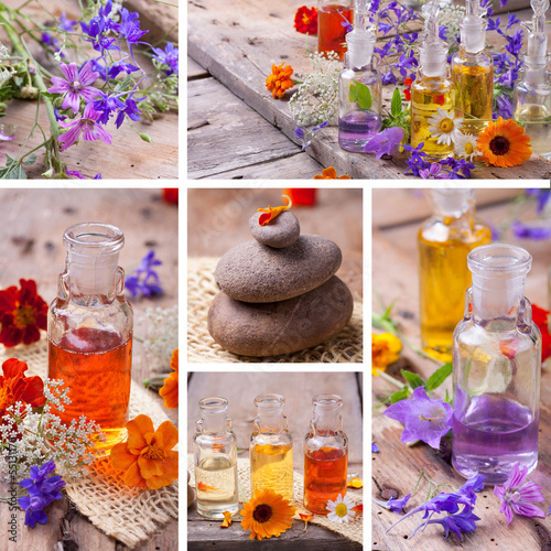 Spa Collage mit pflegenden Essenzen und Wildblüten