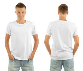 T-shirt on young man in front and behind isolated on white