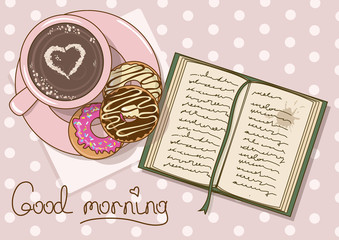 Illustration with cup of coffee and book