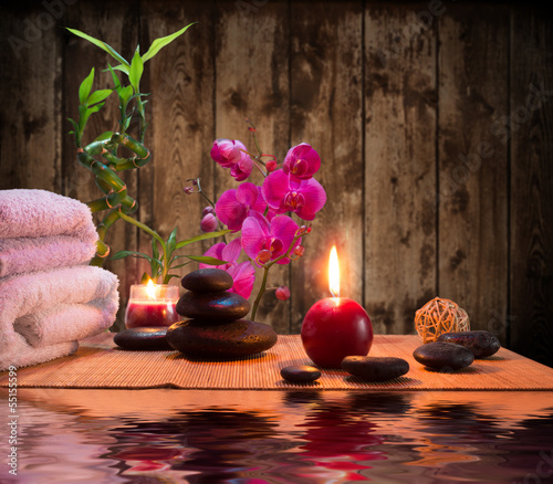 Foto-Leinwand ohne Rahmen - massage - bamboo - orchid, towels, candles stones (von Romolo Tavani)
