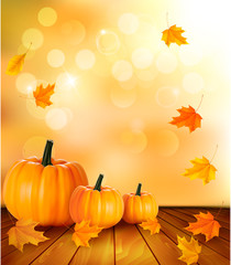 Fototapete - Pumpkins on wooden background with leaves. Autumn background. Ve