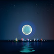 Full blue moon over cold night water, vector Eps10 illustration.