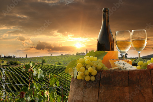 Obraz w ramie White wine with barell in vineyard, Chianti, Tuscany, Italy