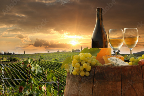 Naklejka dekoracyjna White wine with barell in vineyard, Chianti, Tuscany, Italy