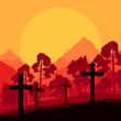Cross on a hill at sunset vector background concept landscape
