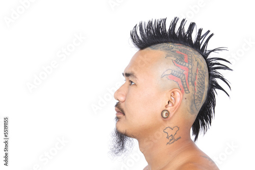 Fotografia  punk's head with mohawk hair isolated on white background