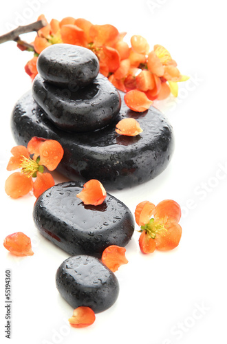 Naklejka dekoracyjna Spa stones and flowers isolated on white