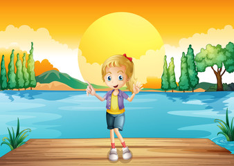 Wall Mural - A young girl standing above the wooden diving board