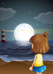 Wall Mural - A small girl at the beach watching the lighthouse