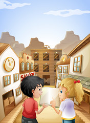 Wall Mural - A boy and a girl with an empty book talking near the saloon bars