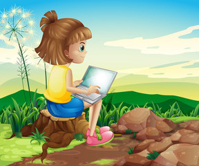 Poster - A girl surfing the net while sitting above a stump