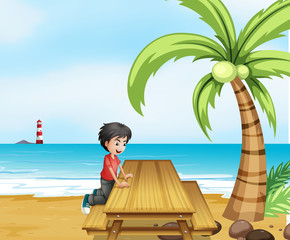 Sticker - A boy at the beach with a wooden table near the coconut tree