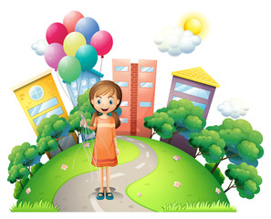 Canvas Print - A young lady in the middle of the road with balloons