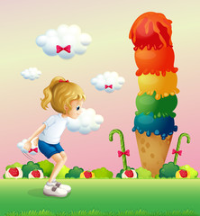 Poster - A girl in a jumping position near the giant icecream