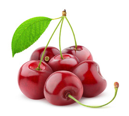 Fototapete - Isolated cherries. Pile of sweet cherry fruits with stems and leaf isolated on white background