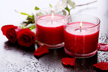 Beautiful Romantic Red Candles With Flowers, Close Up