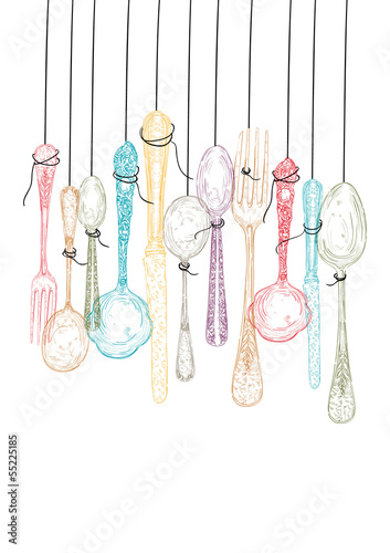Fototapeta do kuchni Hanging cutlery elements sketch.