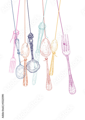 Naklejka - mata magnetyczna na lodówkę Hanging cutlery elements silhouettes