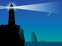 Lighthouse Silhouette At Night, Vector Illustration