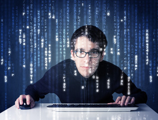 Fototapete - Hacker decoding information from futuristic network technology