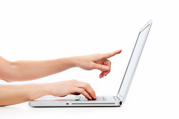 Aufkleber - Hands with laptop computer.