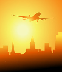 Wall Mural - Cityscape, Aeroplane and Sunrise