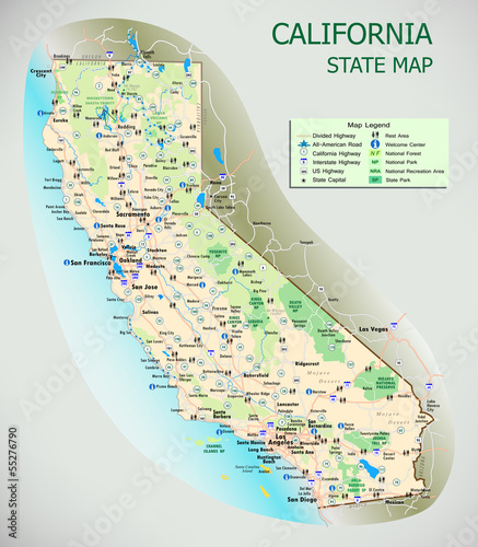 California State Map Roads Cities National Parks Tourist